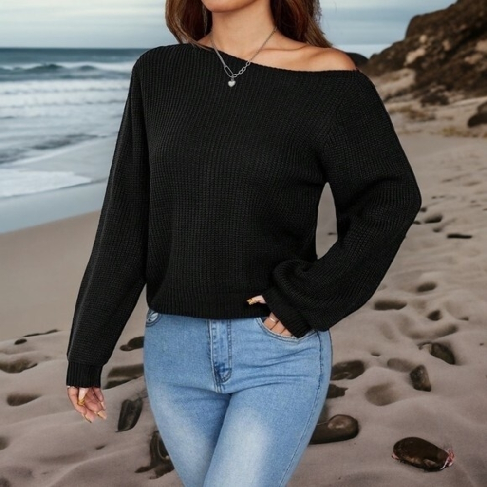 Lauren Ralph Lauren Women's Black Ribbed Knit Boat Neck Sweater L Off Shoulder